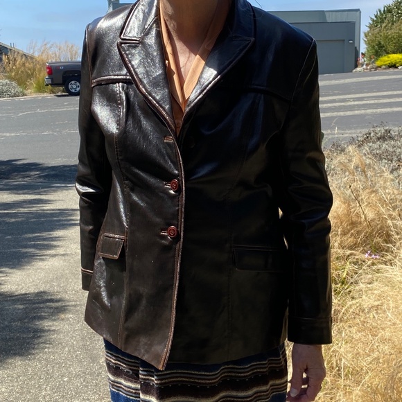 St. John leather, velvet, notch collar blazer, brown, L - Picture 6 of 6